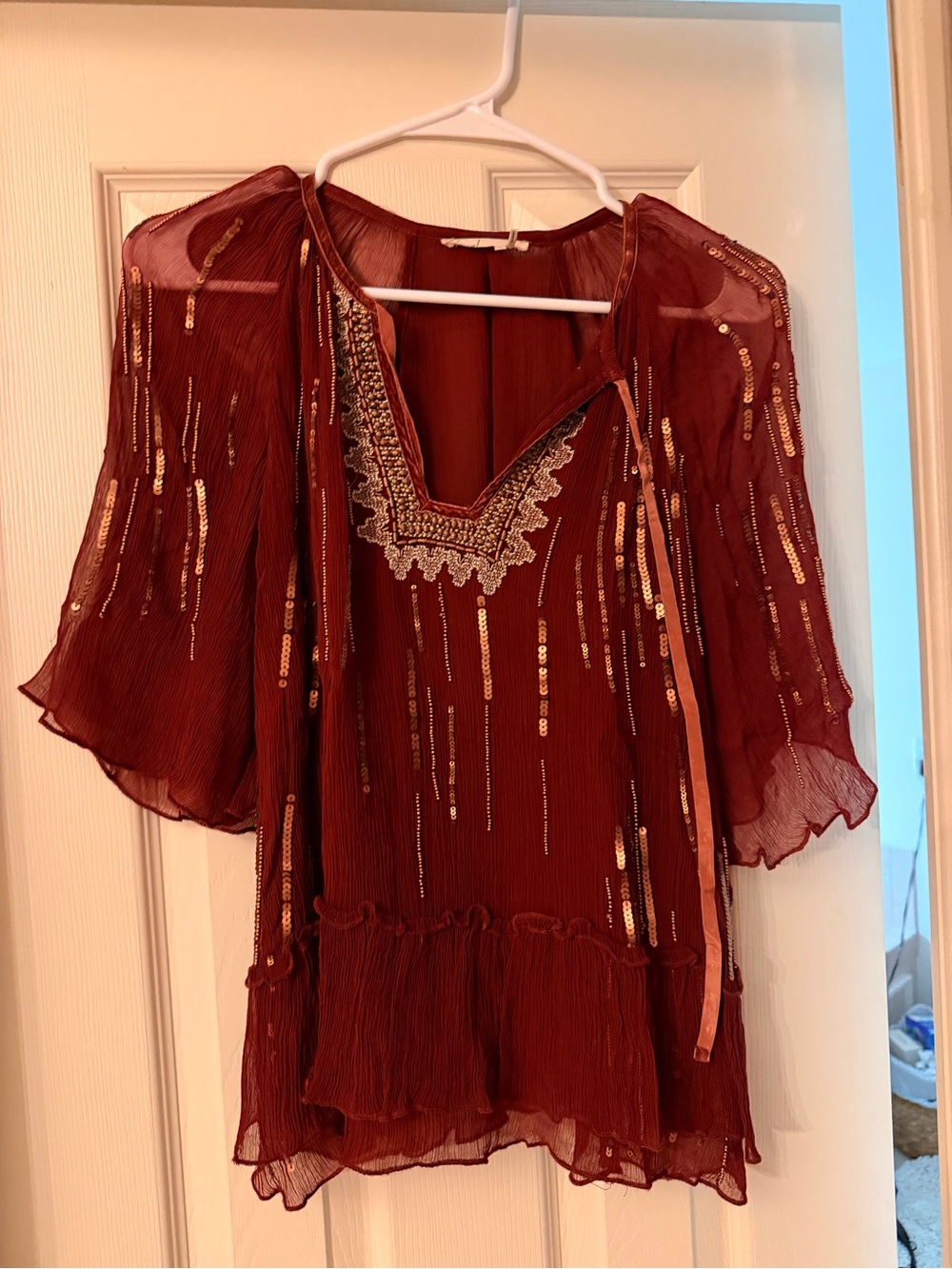 Floreat Sheer Sequin Embellished Peasant Blouse